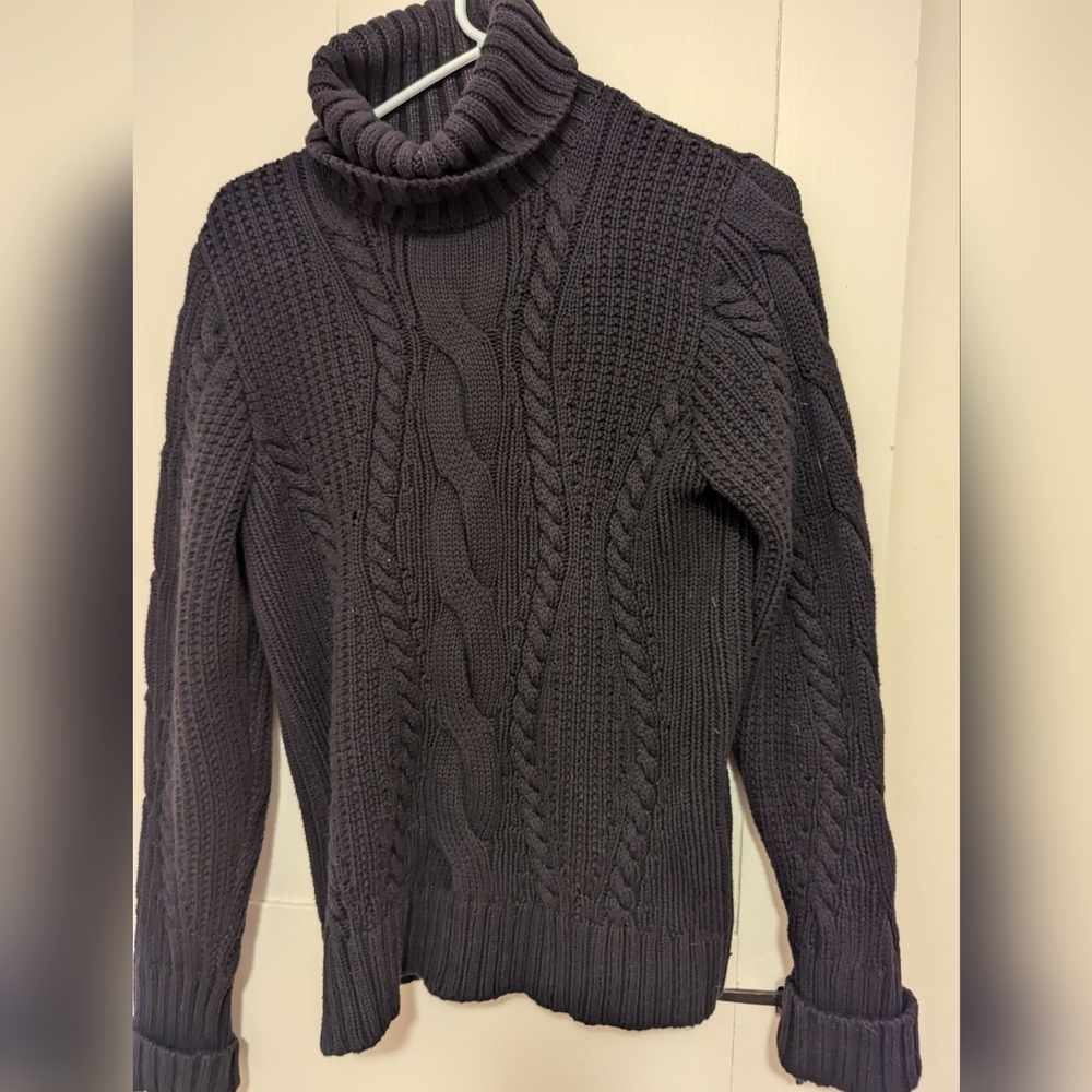 💙 Navy Lands End Cable Turtleneck Sweater Thick Heavyweight Cotton Fisherman